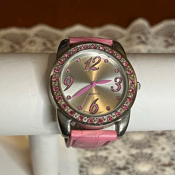Sparkly Pink and Silver Toned Women’s Quartz Watch with Pink Strap - Picture 1 of 6